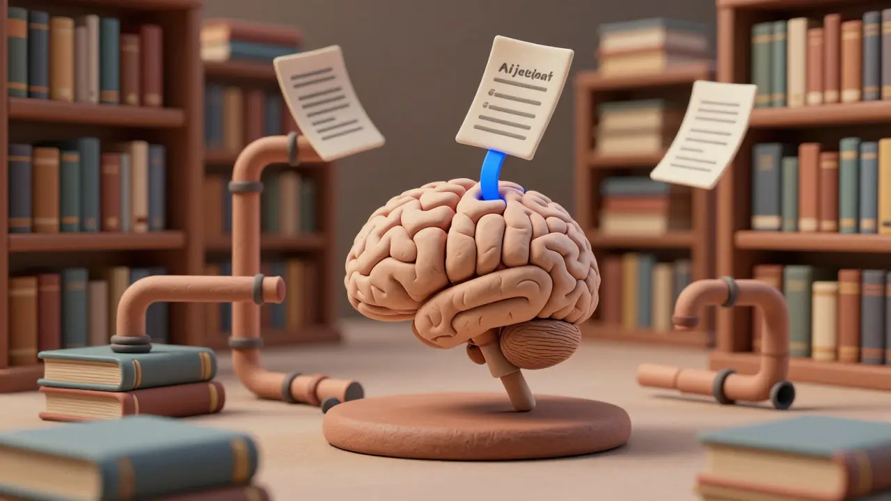 Cerveau en argile connecté à des livres physiques via des tuyaux, représentant l'ancrage RAG contre les hallucinations.