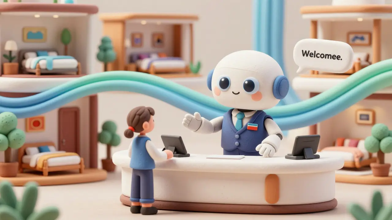 Concierge robot en argile offrant un service personnalisé dans un hôtel futuriste