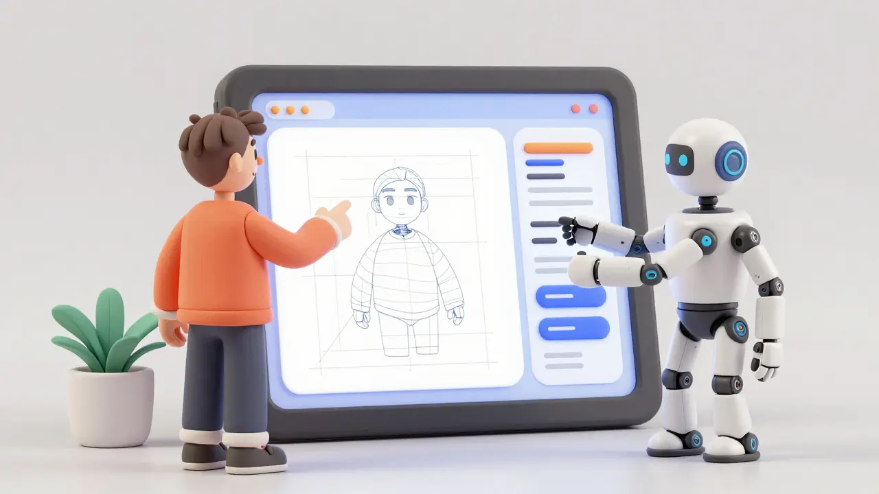 Designer et robot en pâte à modeler collaborant sur une interface utilisateur cohérente.