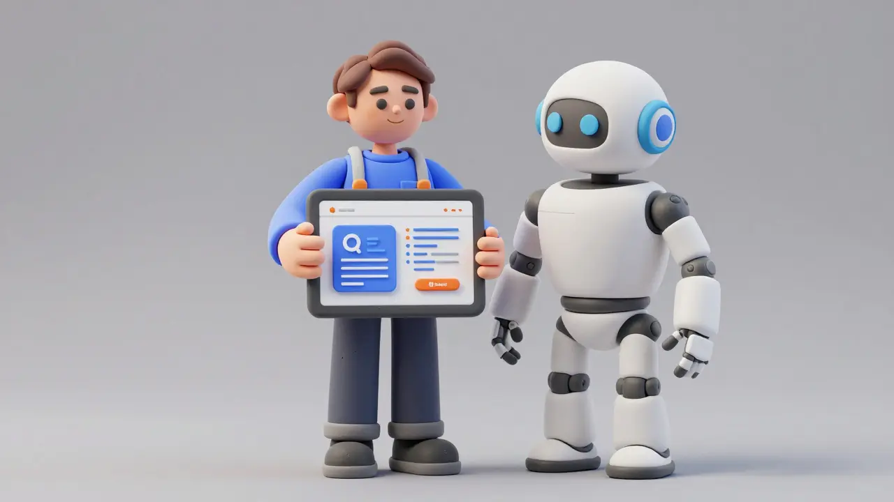 Développeur et assistant IA en argile collaborant sur une interface web