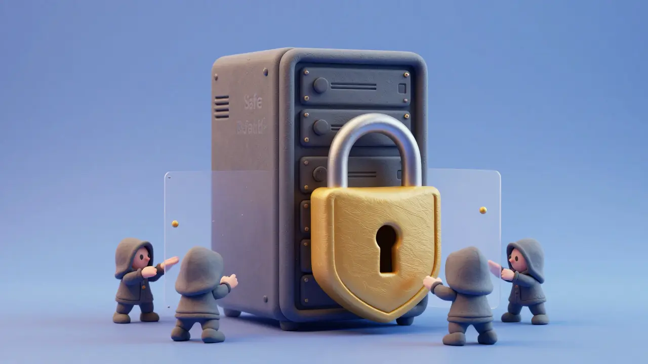 Illustration 3D en style claymation représentant un serveur sécurisé par défaut avec des verrous robustes.