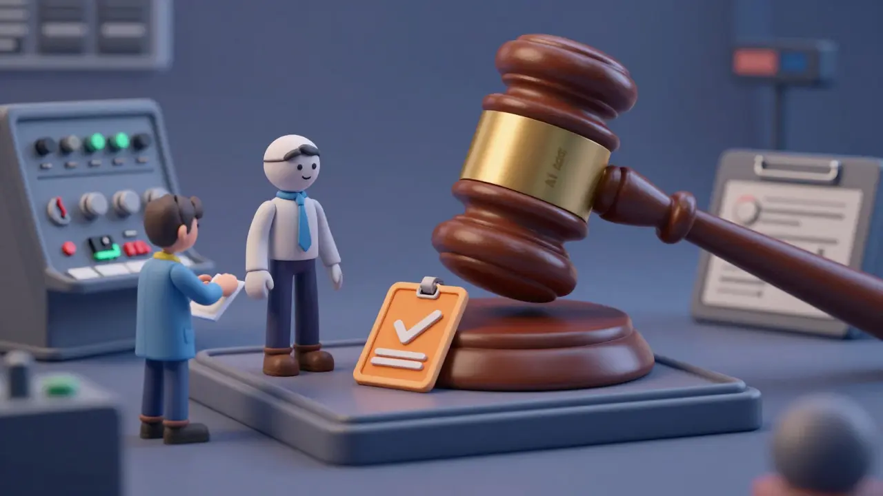 Juge et ingénieur validant la conformité de l'IA sous la loi sur l'IA en argile