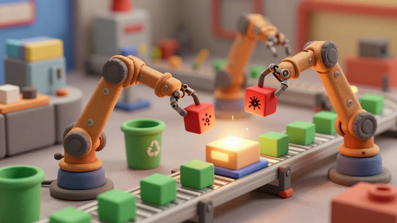Pipeline CI/CD automatisé en animation argile rejetant automatiquement les codes vulnérables.
