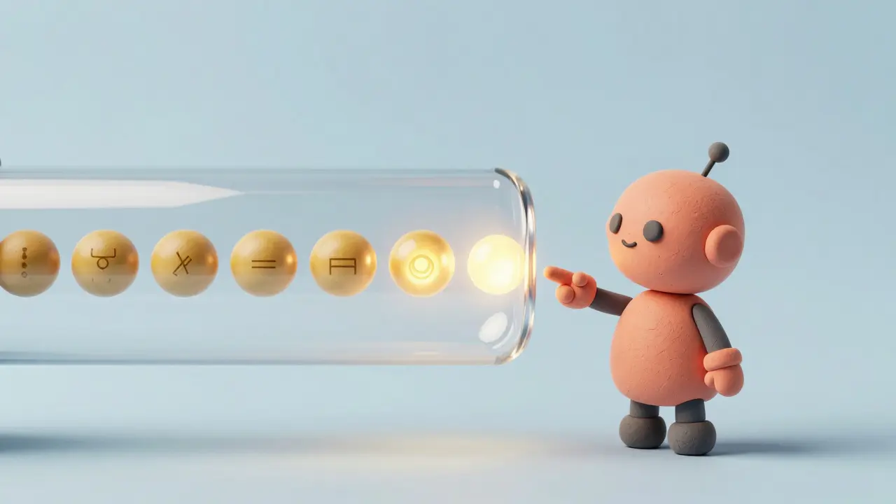 Robot en argile pointant une séquence lumineuse dans un tube, symbolisant le raisonnement étape par étape.