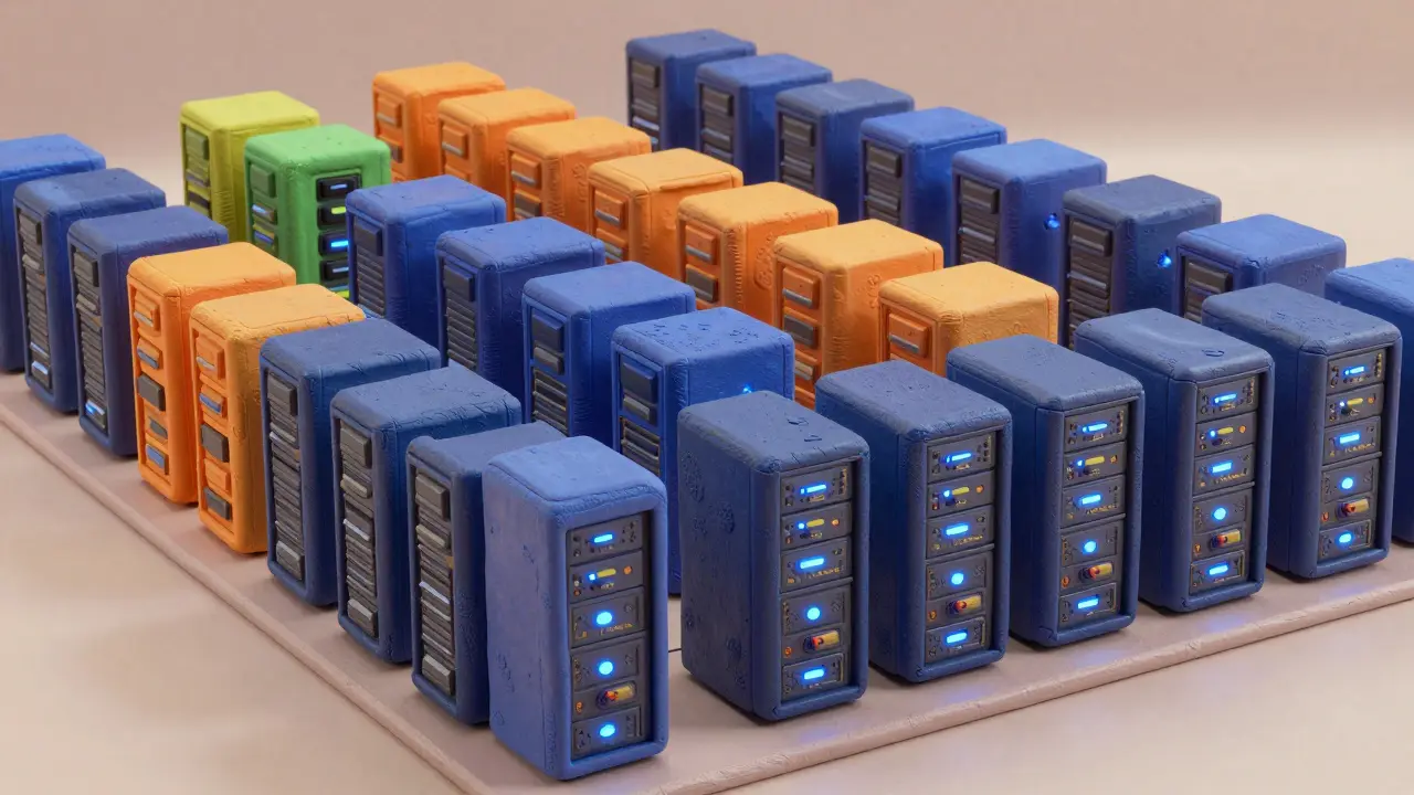 Salle de serveurs géante sculptée en argile avec des GPUs colorés