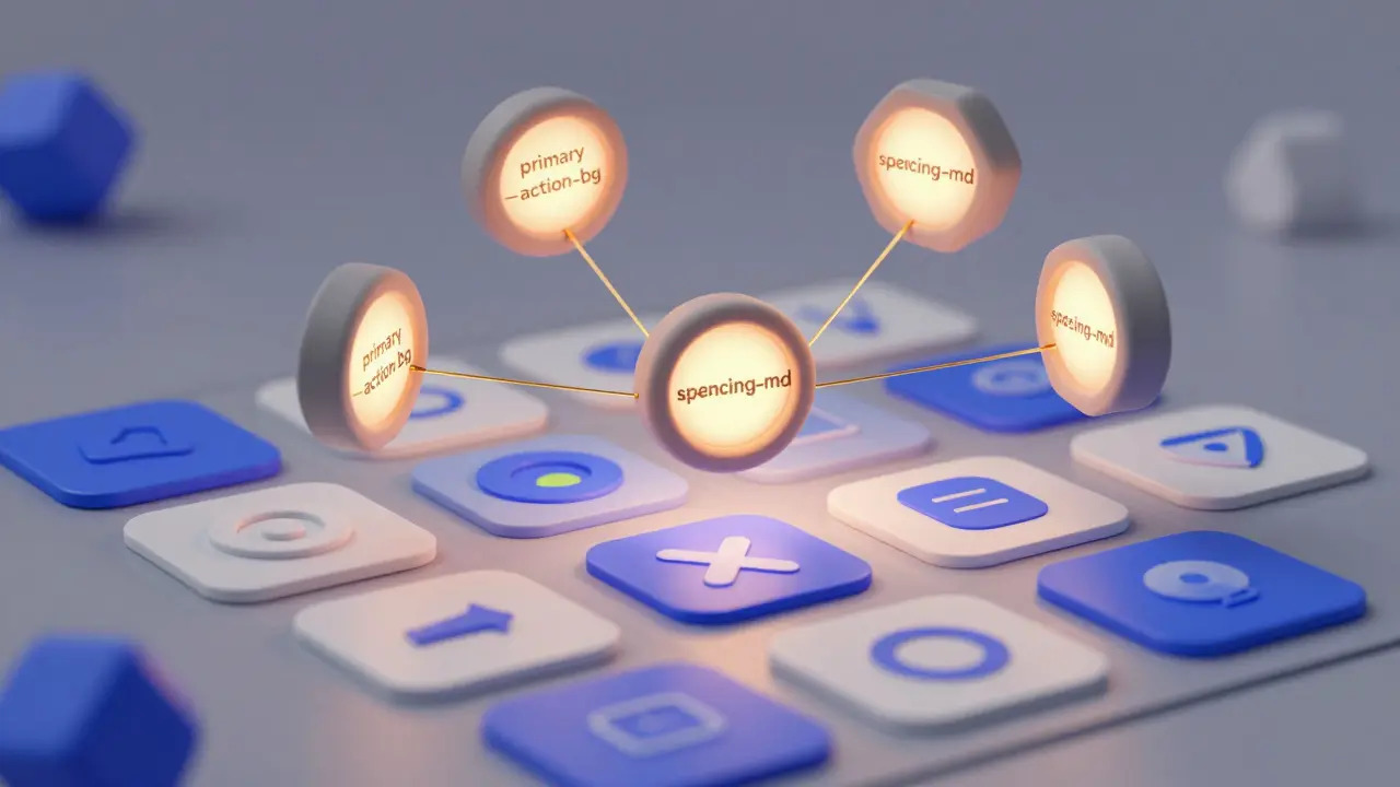 Tokens de design en argile lumineuse reliant les règles aux composants UI organisés.