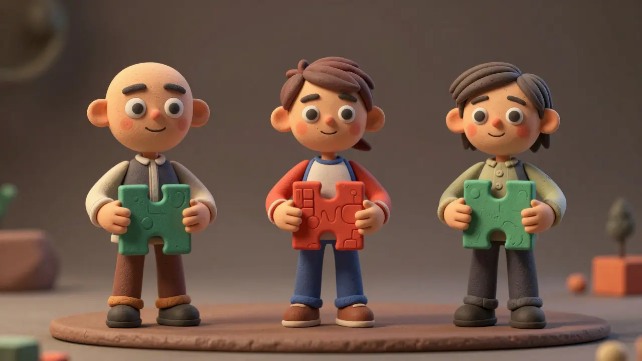 Trois personnages en argile représentant les algorithmes BPE, WordPiece et Unigram