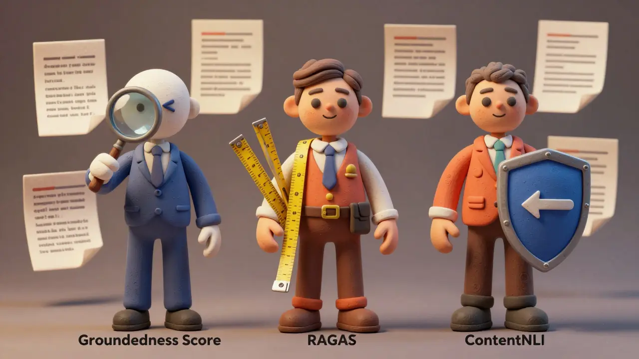 Trois personnages outils comparant les méthodes d'évaluation IA en style claymation