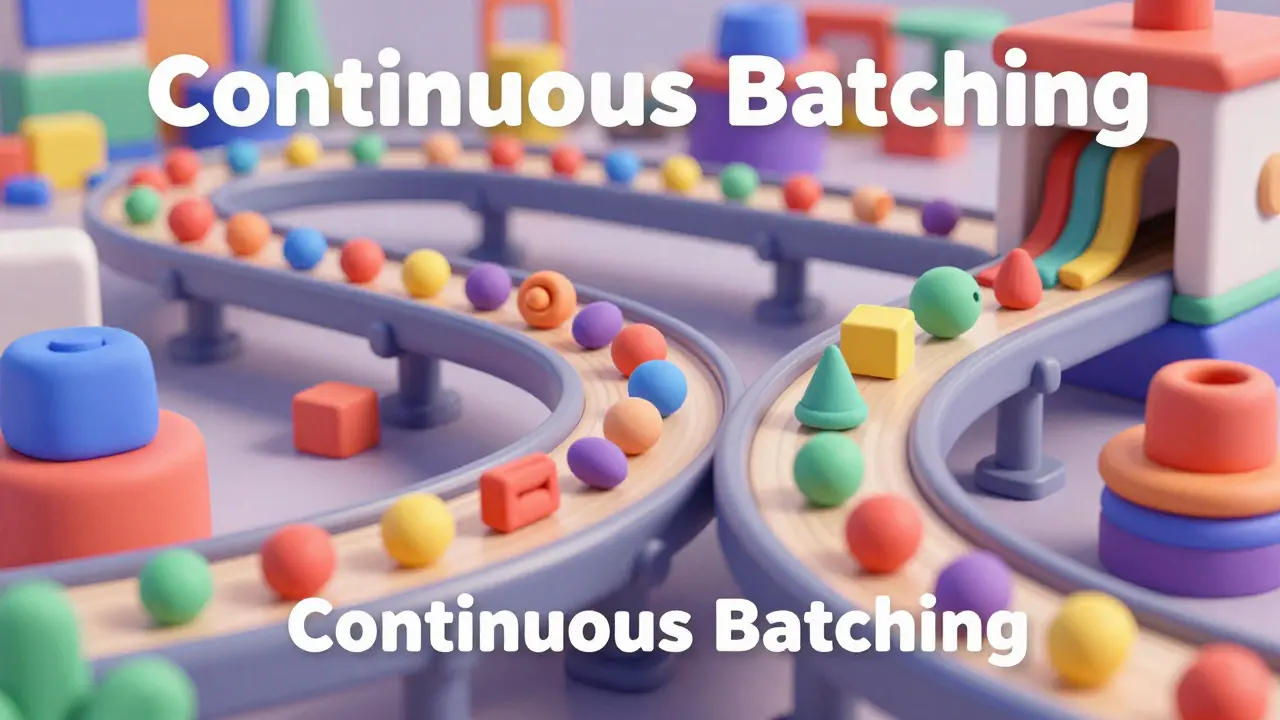 Chaîne de production dynamique en pâte à modeler montrant le continuous batching fluide