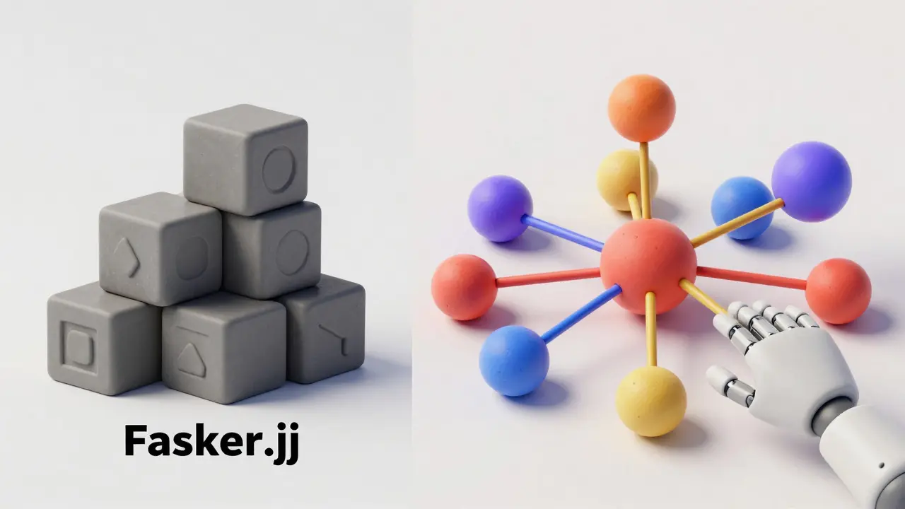 Comparaison visuelle : blocs gris simples contre réseau coloré complexe de données synthétiques.