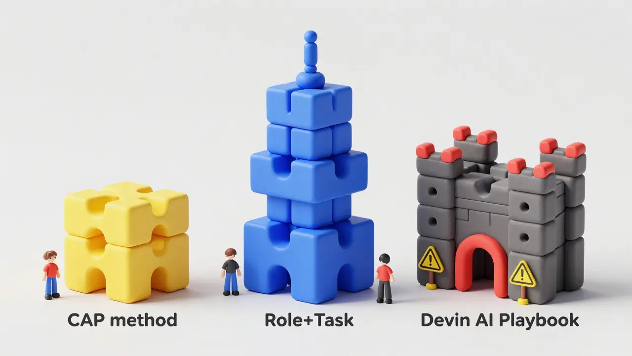 Comparaison visuelle des frameworks CAP, Rôle et Devin en argile