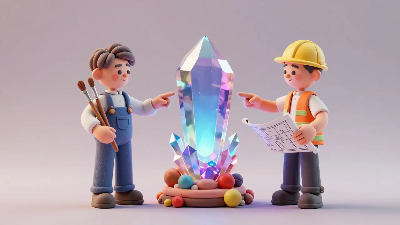 Deux personnages en pâte à modeler collaborant autour d'un cristal lumineux