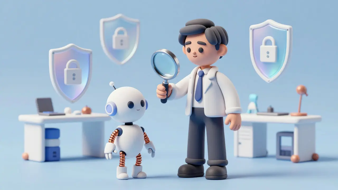 Développeur et assistant robot en argile vérifiant la sécurité