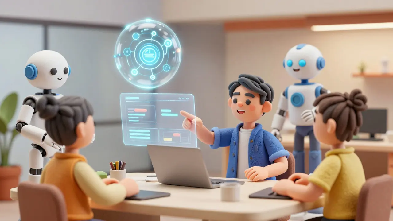 Équipe collaborant avec des assistants IA holographiques dans un bureau futuriste