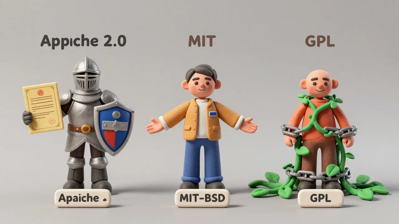 Figures en argile comparant les licences Apache, MIT et GPL