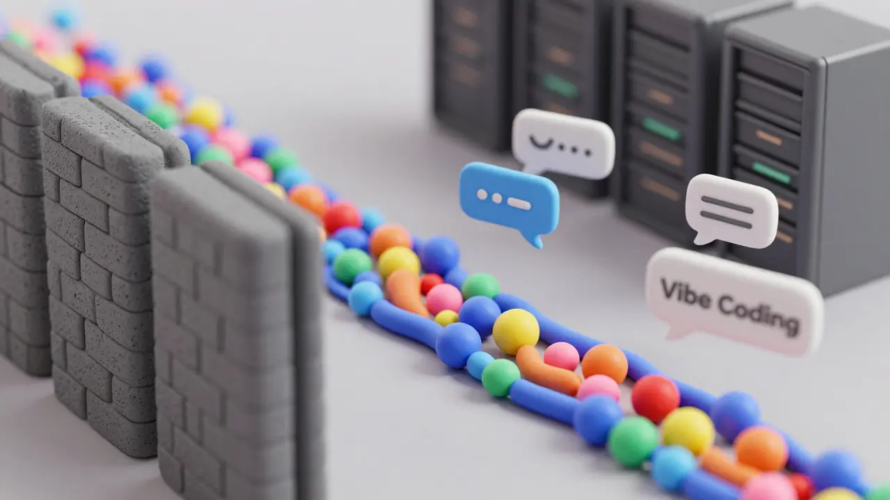 Flux de données colorées illustrant le vibe coding facile