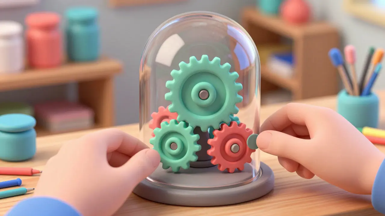 Gros plan en stop-motion sur un mécanisme d'engrenages avec de petits ajouts colorés illustrant l'efficacité de LoRA.