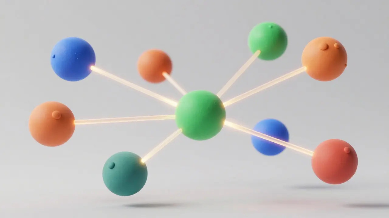 Nœuds de pâte à modeler connectés par des fils lumineux, montrant l'auto-attention parallèle.