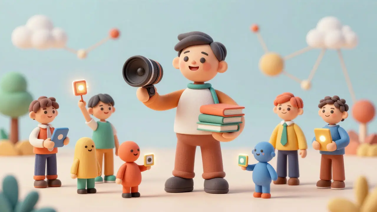 Personnage en pâte à modeler multimodal entouré de petits utilisateurs connectés