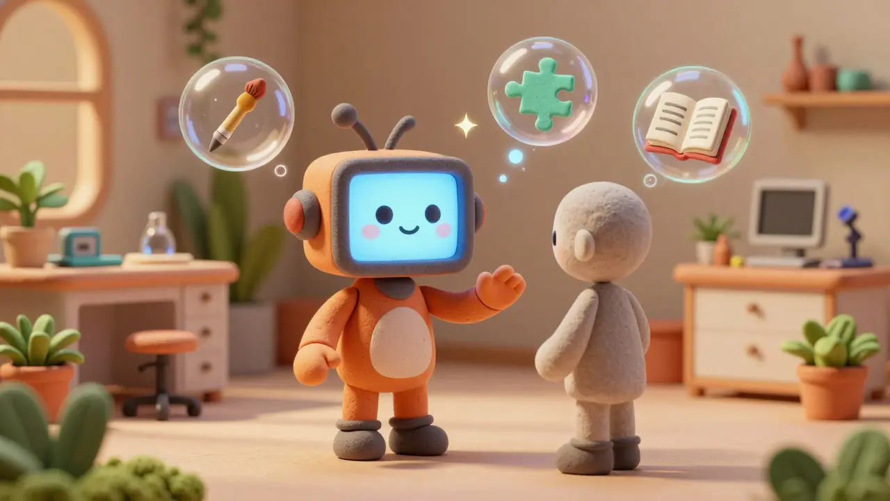Personnage IA amical en argile interagissant avec des bulles holographiques dans un laboratoire futuriste et chaleureux.