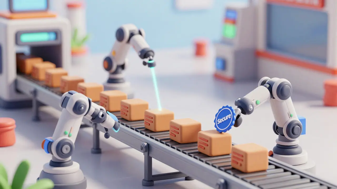 Pipeline CI/CD en argile avec robots automatisés vérifiant la sécurité du code
