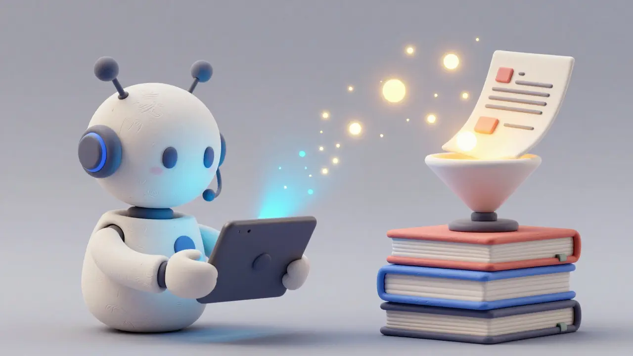 Robot assistant en argile aidant un employé et traitant des documents lumineux