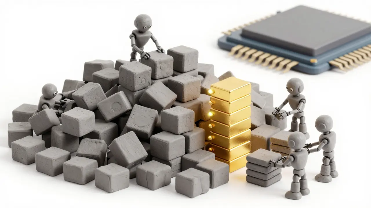 Robots en argile organisant des blocs mémoire, symbolisant l'efficacité de Flash Attention.