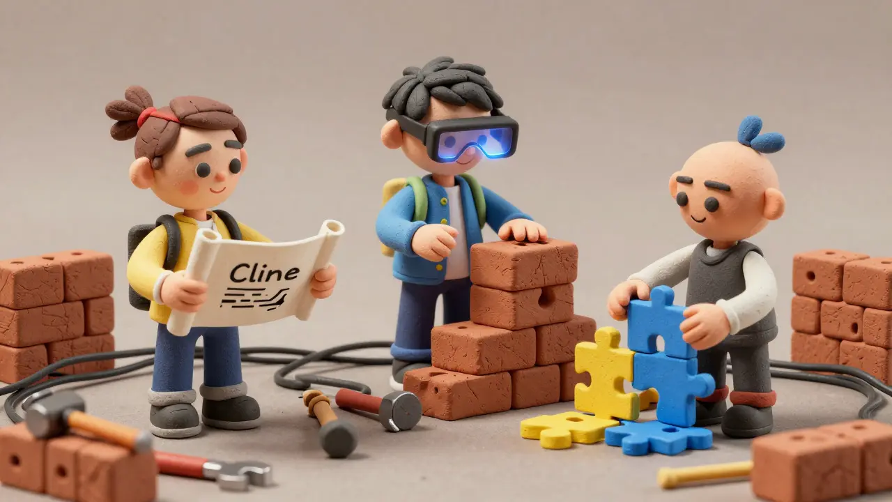 Trois agents IA en argile comparés sur un chantier miniature