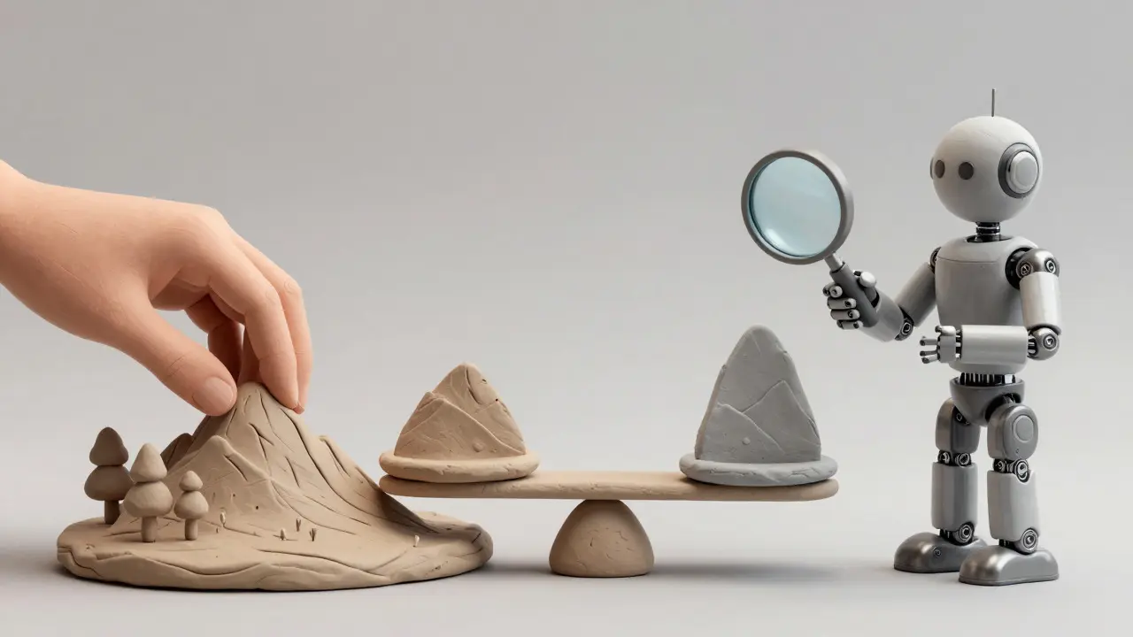 Balance en argile pesant une sculpture réaliste contre une forme simplifiée par un bras robotique.