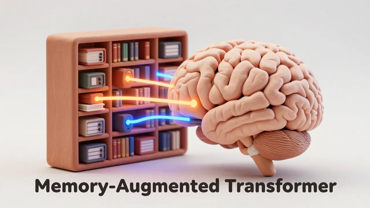 Cerveau IA en argile connecté à une bibliothèque externe de mémoire