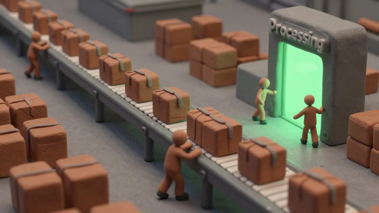 Des lots de requêtes regroupés sur un convoyeur dans un style claymation 3D
