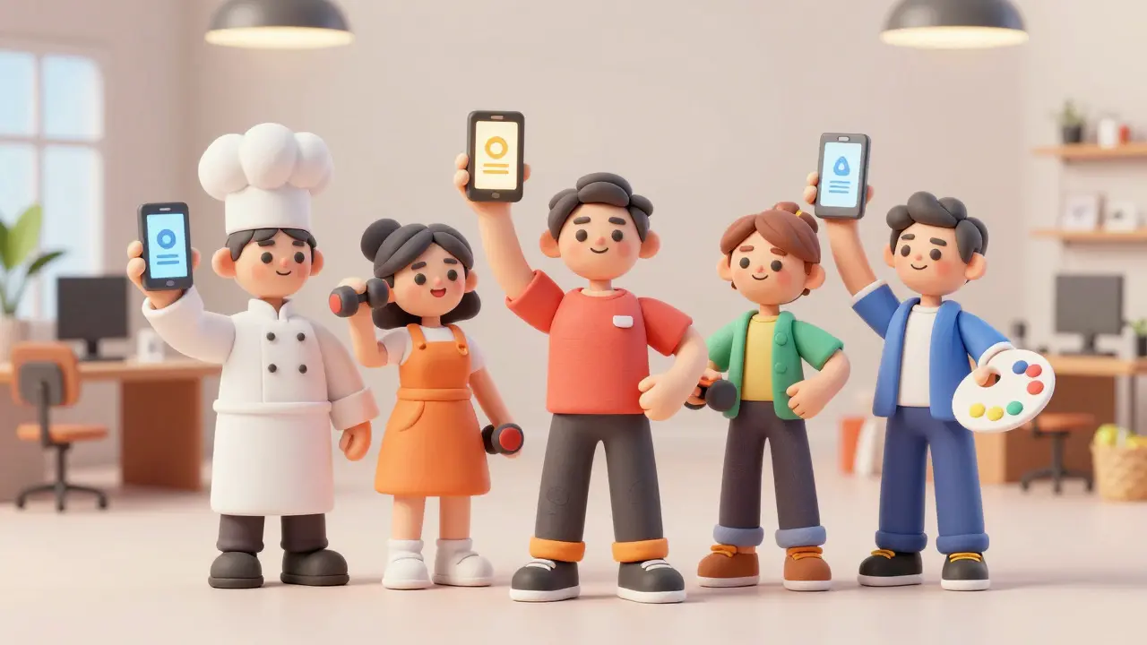 Différents professionnels fiers de leurs applications créées avec l'IA, style argile 3D