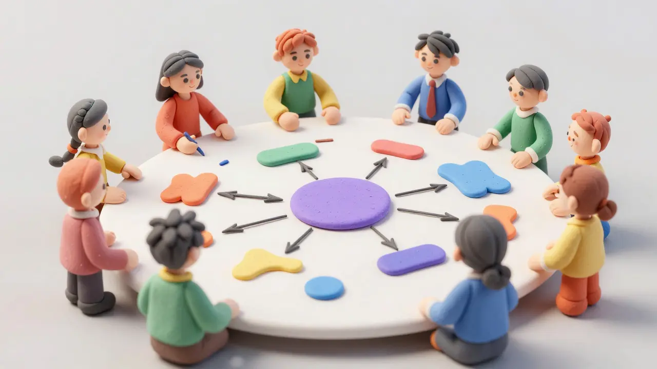 Équipe en argile collaborant autour d'un tableau blanc interactif