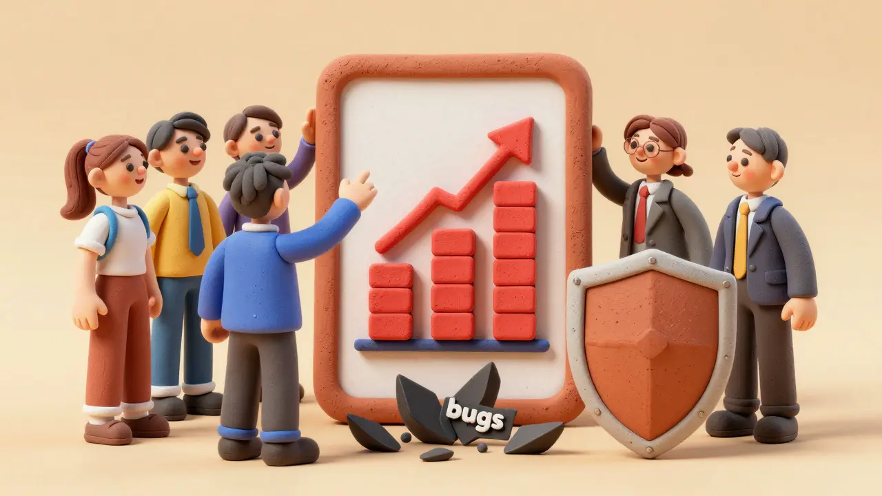 Équipe joyeuse devant un graphique de croissance en pâte à modeler