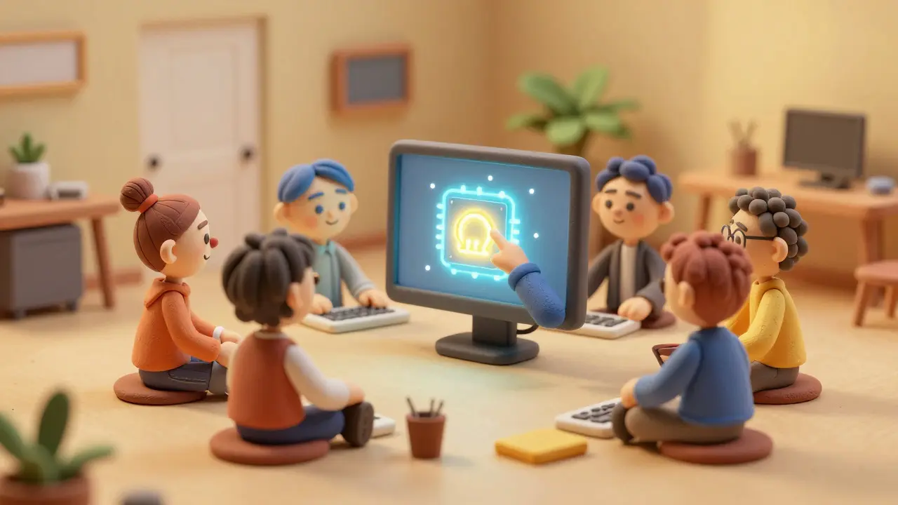 Figurines en argile collaborant autour d'un ordinateur efficace dans un studio lumineux