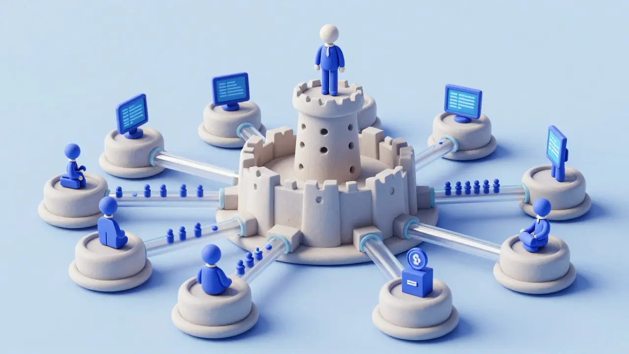 Forteresse en argile avec des canaux transparents illustrant la gouvernance de l'IA