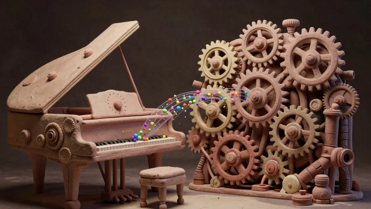 Machine complexe en pâte à modeler avec des sphères colorées circulant dans des tuyaux