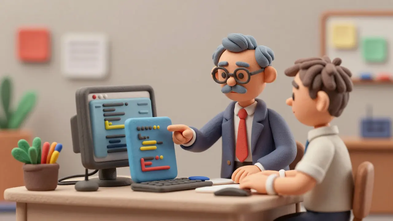 Mentorat entre deux personnages en argile dans un bureau, illustrant le transfert de compétences