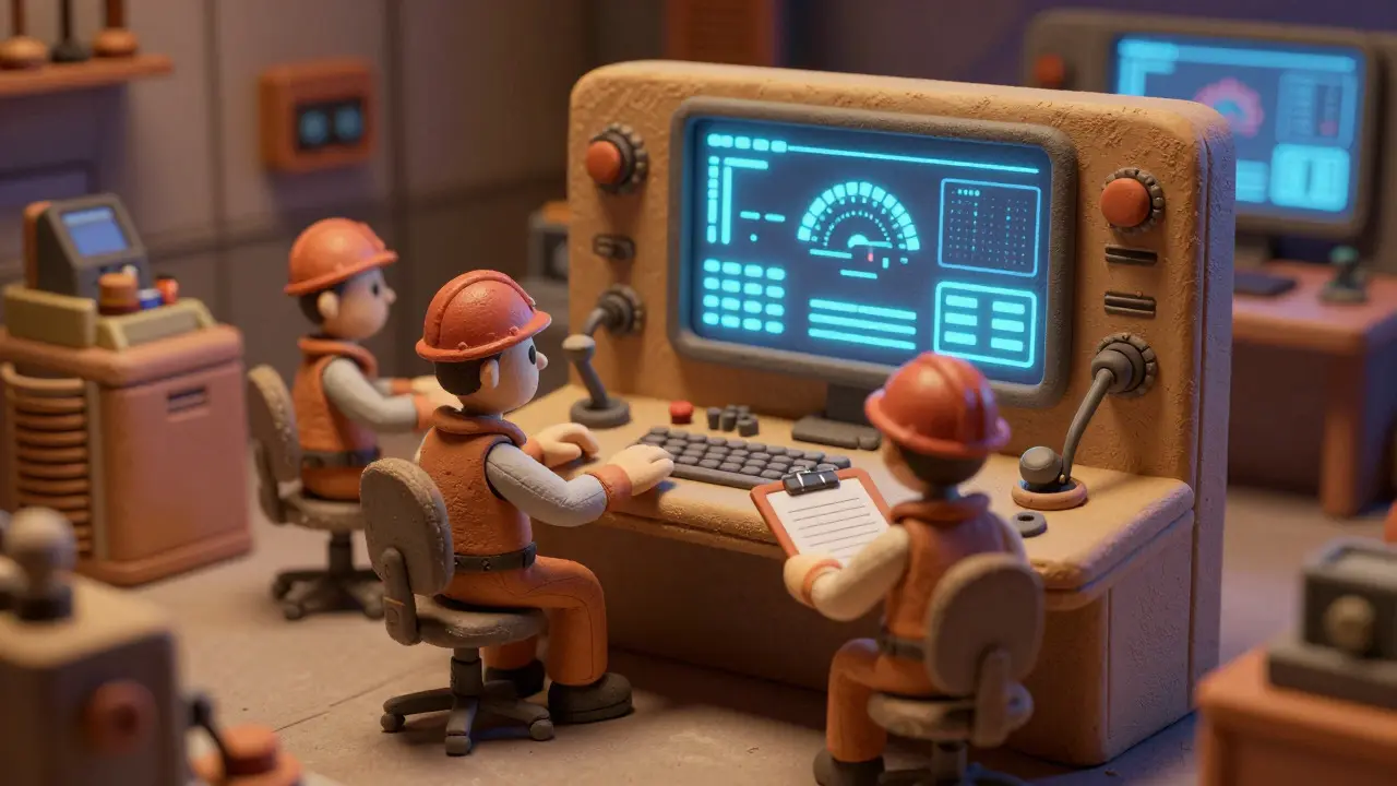 Petits personnages en argile surveillant un tableau de bord technique dans une salle de contrôle
