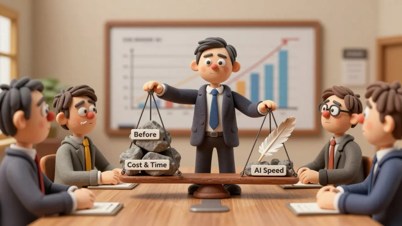 Présentation convaincante aux dirigeants montrant les gains de temps et coûts, style claymation