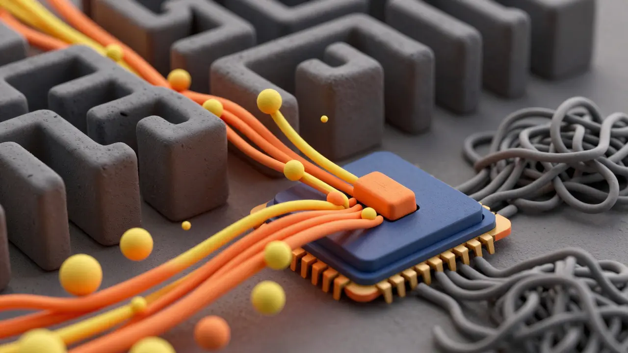 Puces en argile et flux de données illustrant l'accélération du calcul d'attention