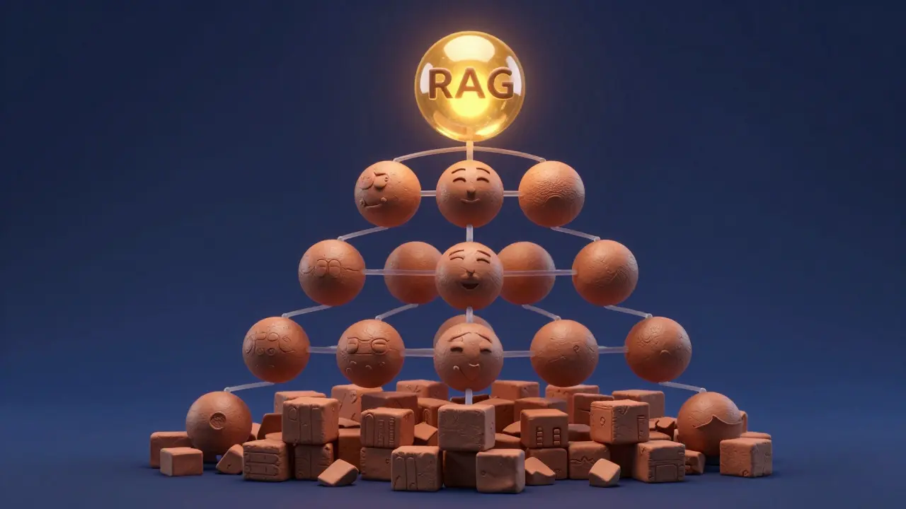 Pyramide hiérarchique en 3D reliant les résumés locaux au résumé global du document.