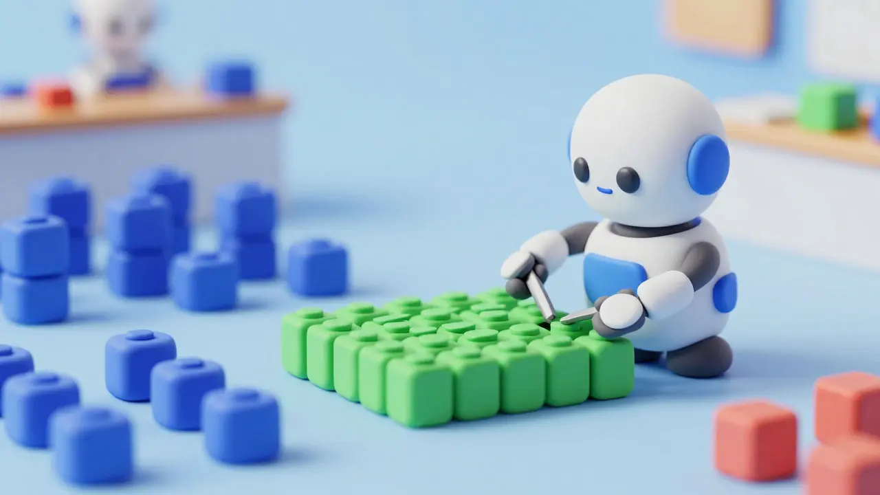 Robot en argile assemblant efficacement des blocs de données dans un atelier organisé