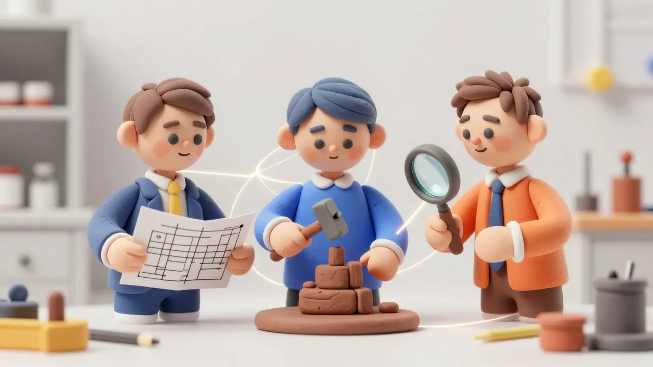 Trois agents IA en argile collaborant sur un projet commun