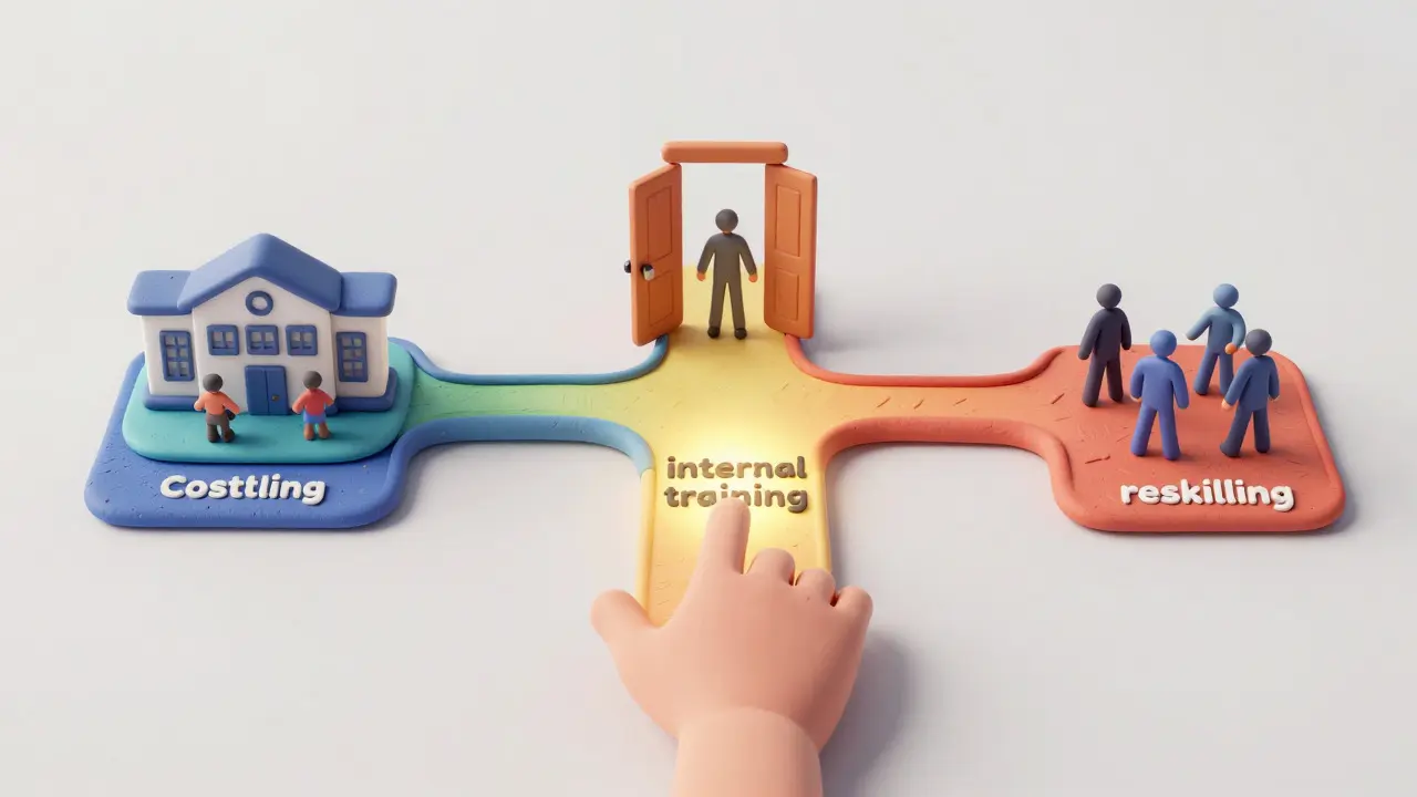 Trois chemins en argile symbolisant les stratégies de talents : formation, recrutement et reskilling