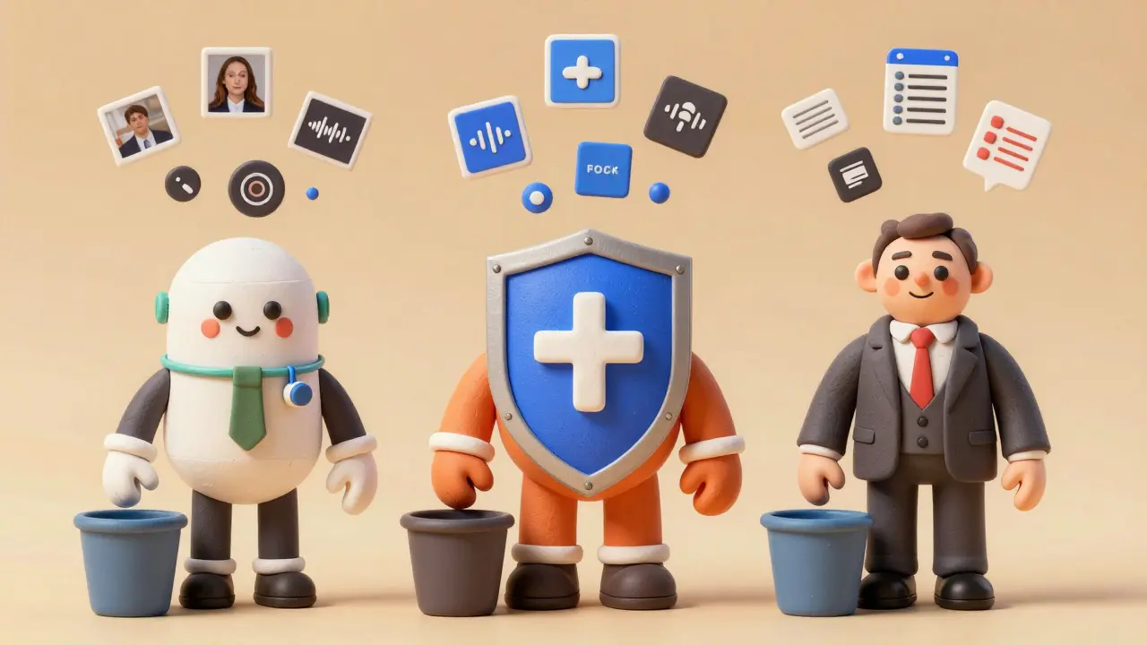 Trois personnages en pâte à modeler représentant les filtres de sécurité cloud