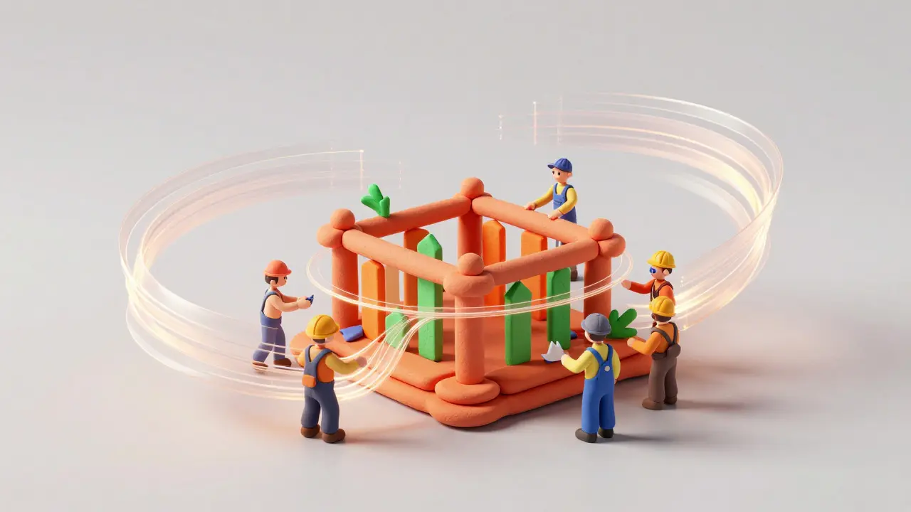 Visualisation créative d'optimisation de planning avec des rubans lumineux autour d'une maquette.