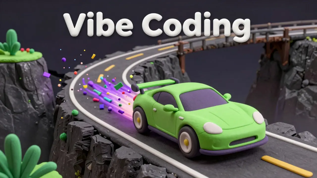 Voiture en argile rapide sur une route dangereuse symbolisant le risque du vibe coding