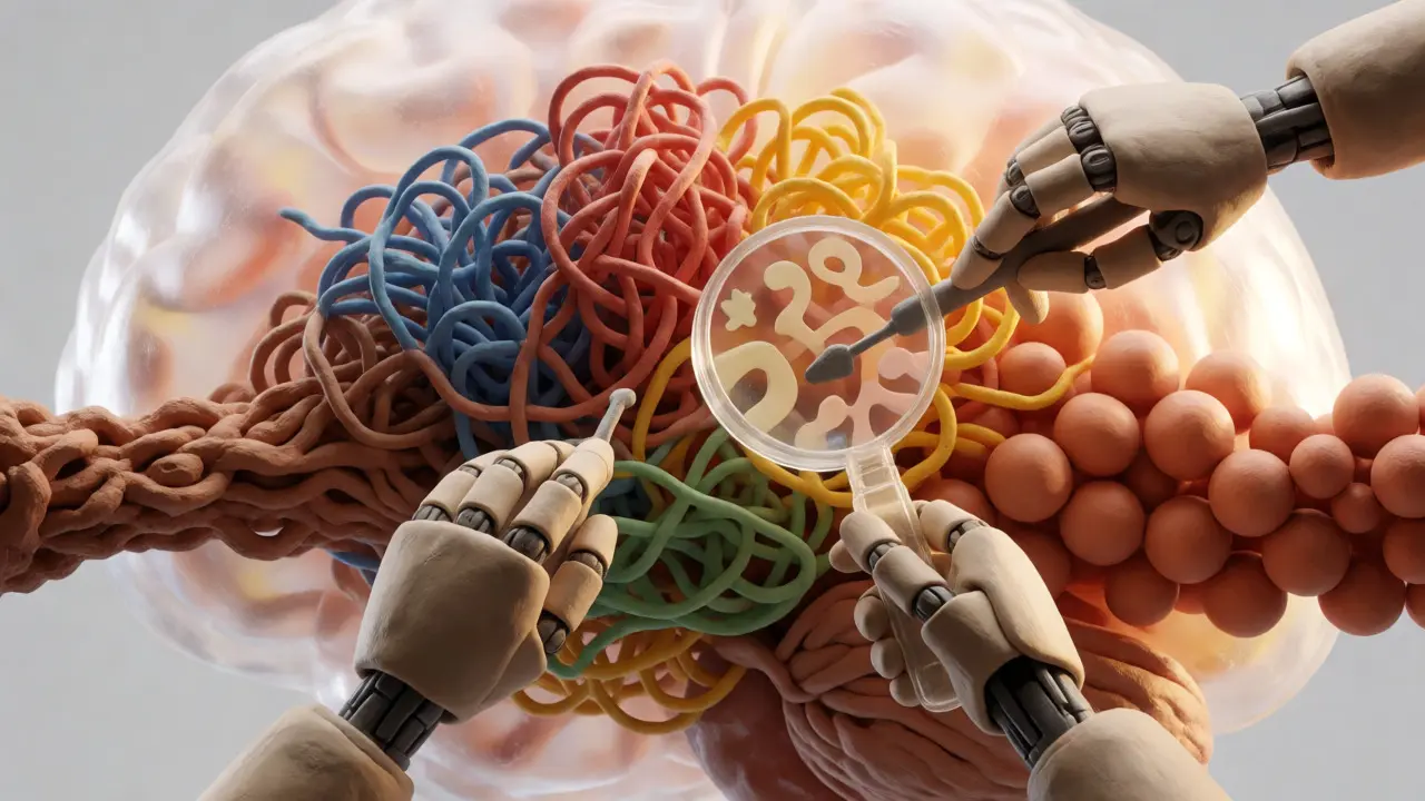 Analyse interne d'un cerveau IA en argile avec démêlage des nœuds de biais.