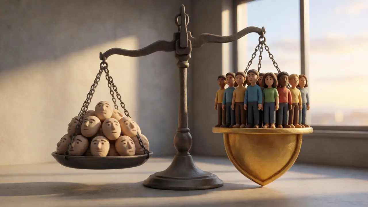 Balance en argile équilibrant des visages génériques contre des figures humaines diverses sous une lumière dorée réglementaire.